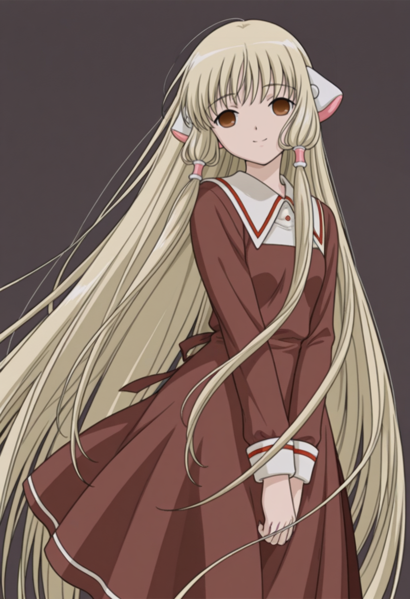 <lora:dmd2fast_sdxl_4step_lora_fp16:0.8>  masterpiece, best quality, anime coloring, <lora:Chi_chobits:0.7> chi__chobits, 1girl, robot ears, empty eyes, long hair, blonde hair, bangs, hair tubes, very long hair, || school uniform, brown dress, cowboy shot, facing to the side, tucking hair, looking at viewer, smile, wind, simple background