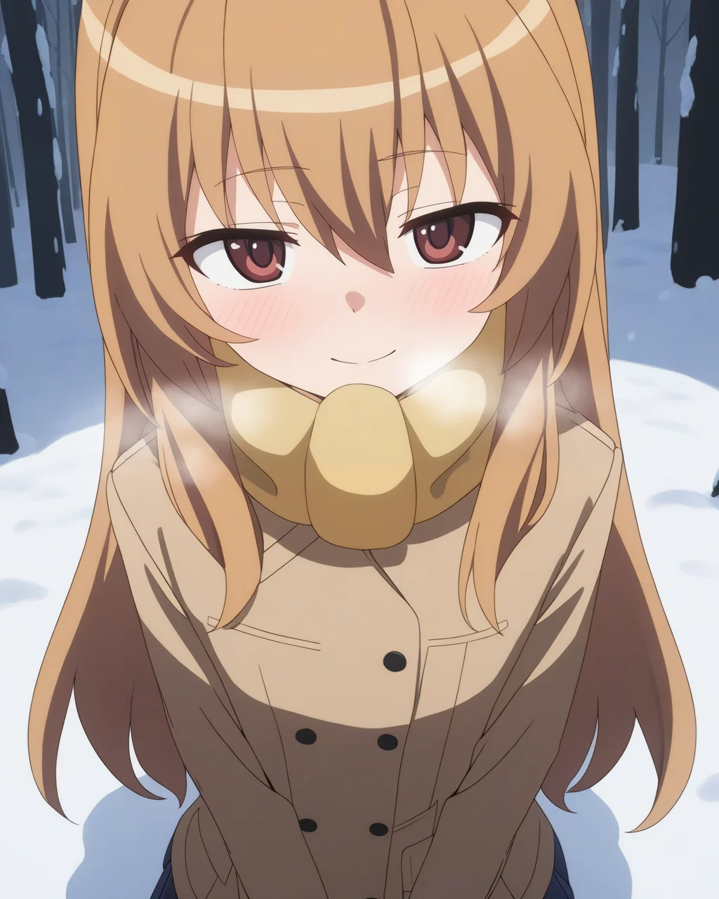 best quality,masterpiece,highres,absurdres,1girl,solo,newest,rating: general, looking at viewer,   <lora:Aisaka_Taiga_XL:0.8> ,(aisaka_taiga, brown hair, aisaka taiga, brown eyes, hair between eyes,coat,muffler,heavy breathing, snow,skirt,forest),looking at viewer, smile,cowboy shot,blush