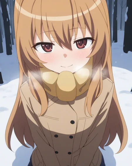 best quality,masterpiece,highres,absurdres,1girl,solo,newest,rating: general, looking at viewer, <lora:Aisaka_Taiga_XL:0.8> ,(aisaka_taiga, brown hair, aisaka taiga, brown eyes, hair between eyes,coat,muffler,heavy breathing, snow,skirt,forest),looking at viewer, smile,cowboy shot,blush