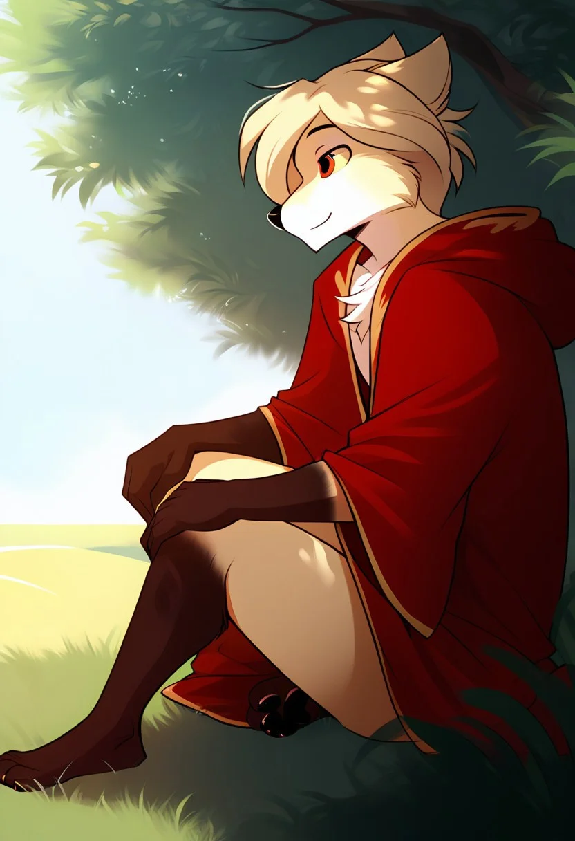 score_9, score_8_up, score_7_up, score_6_up, source_furry, rating_explicit, solo, solo focus, male, 1boy, sitting under a birch tree, birch, in the field, outdoors, The black and red robe, kind expression, kind little smile, Looking into the distance, clovis-twokinds detailed, five fingers, side view, side side, fluffy tail, legs together, cute paws, (((perfect body, perfect hands, perfect legs, perfect eyes, perfect face, perfect fur, perfect anatomy)))