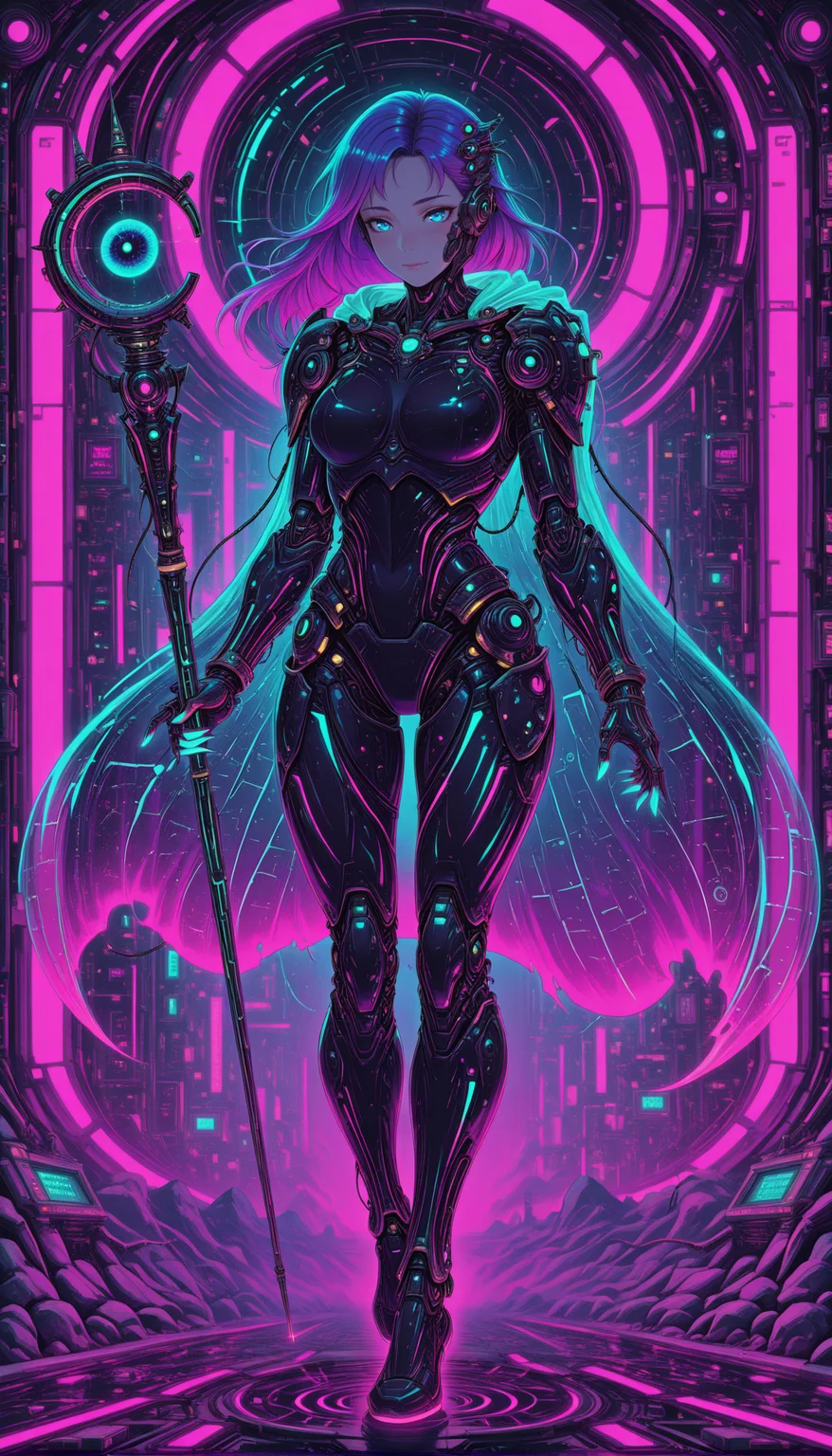 1girl, cyber sorceress, neon runes, transparent tech cape, futuristic staff, levitating symbols, intricate digital patterns, glowing fingertips, high contrast lighting, dynamic sci-fi background masterpiece, best quality, amazing quality, very aesthetic, absurdres, detailed eyes, newest, <lora:PinkieNeonCybercoreIL:1>, pinkneoncybercore,