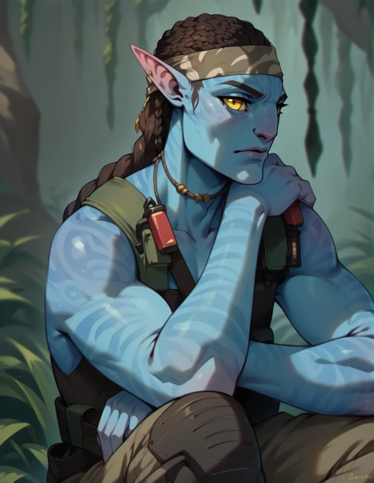 1girl, solo, portrait, blue skin, yellow eyes, pointy ears, dreads, braid, athletic <lora:Walker_Recom:1> w4lker, score_9, score_8_up, score_7_up, score_6_up, 2d, digital art, masterpiece <lora:Expressive_H:0.4> expressiveh <lora:princess_xl_v2:0.3> <lora:g0th1c2XLP:0.3> g0th1c
