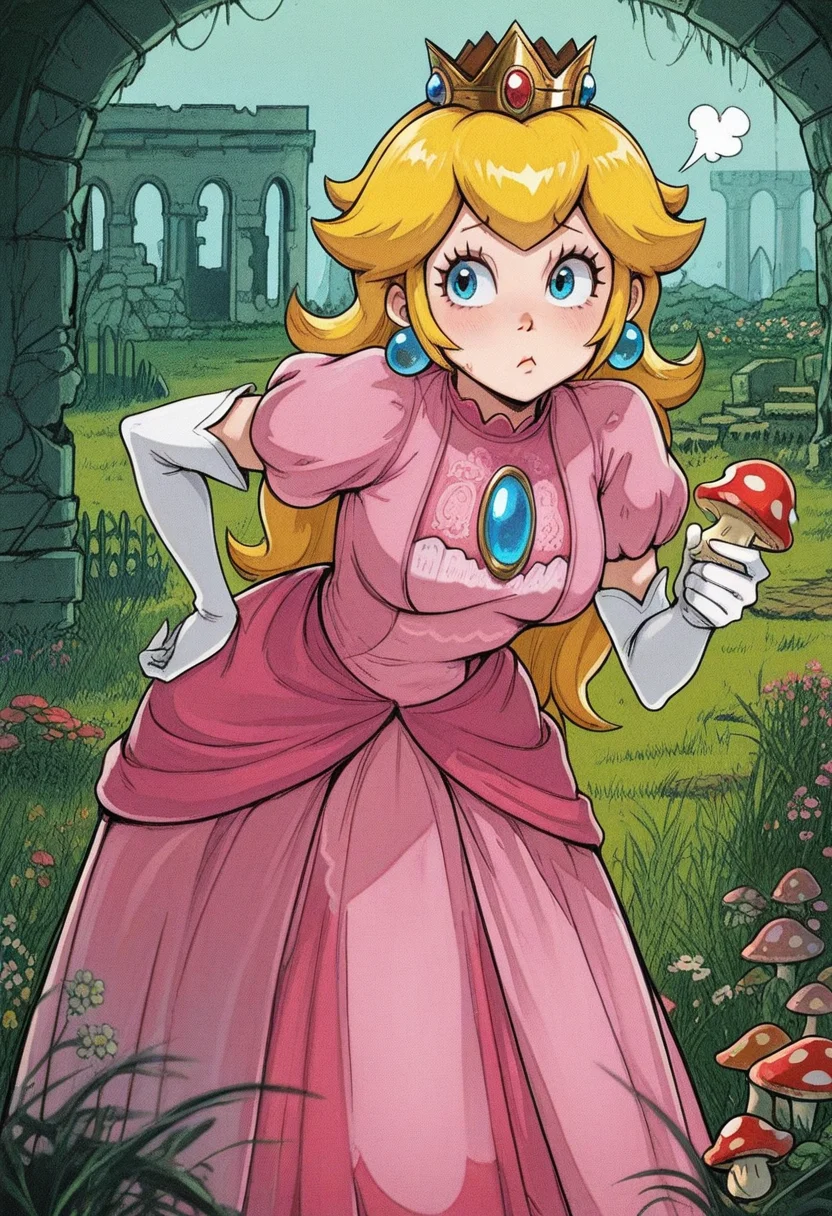 813nm0hstyle, masterpiece, best quality, solo, princess peach, pink dress, small blue eyes, crown, leaning forward, hand on hip, pouting, holding a mushroom, garden, grass, flora, flowers, ruins, cobble,