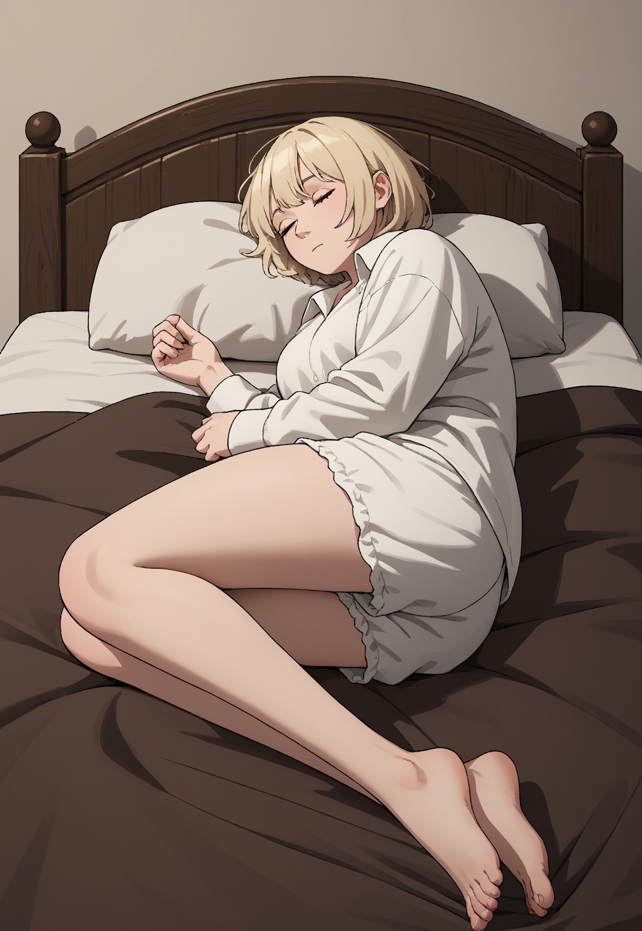 score_9, score_8_up, score_7_up, masterpiece, best quality, amazing quality, very aesthetic, absurdres, CasualFalin, alternate costume, oversized shirt, white collared shirt, white bloomers, barefoot, 1girl, solo, female focus, blonde hair, short hair, closed eyes, medium breasts, sleeping, on bed, bedroom, dark, on side, 