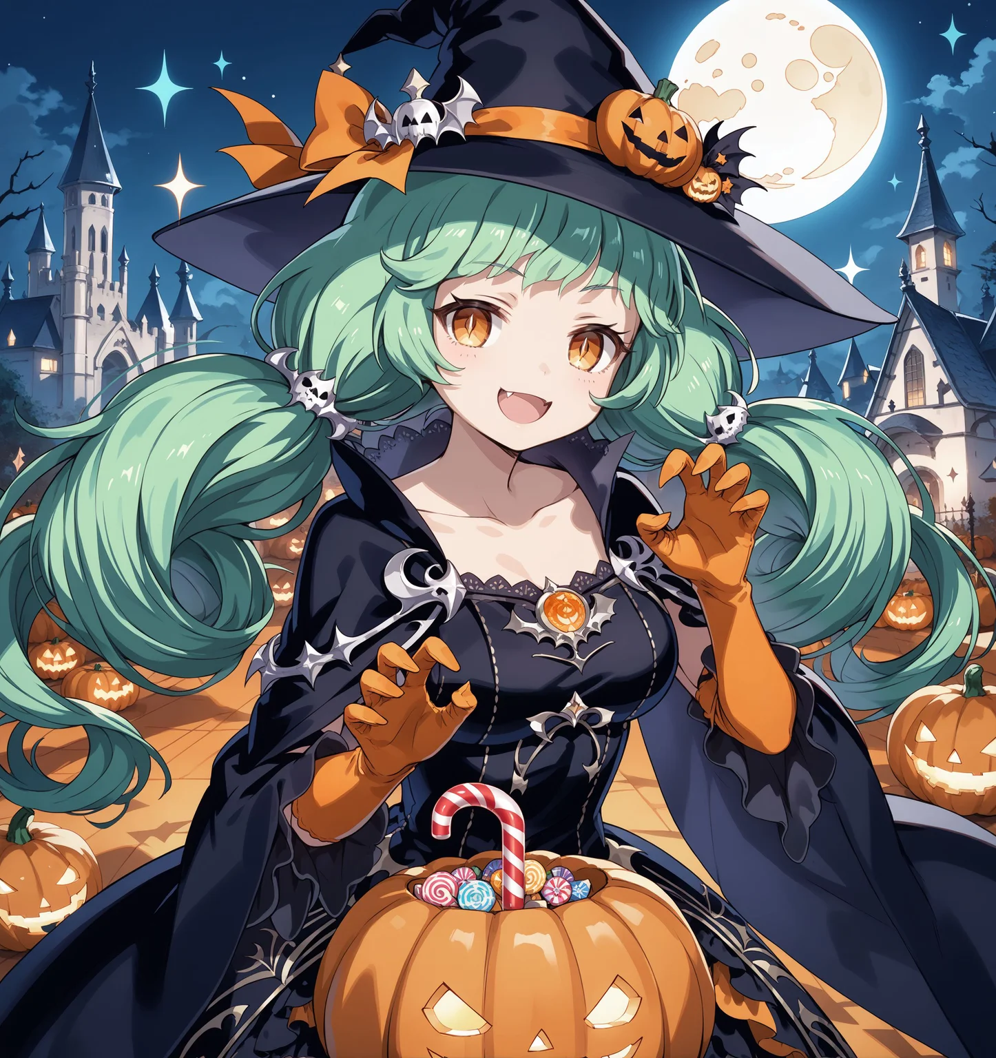 score_max, (score_9, score_8_up, score_7_up:1.2), score_6_up, official art, source_anime,
, masterpiece, absurdres, high detail, 8k,
night, halloween, crescent moon, bat, sparkle, shadow castle, pumpkin, candy cane, upper body,
claw pose, evil smile, open mouth, fang,
rutika, green hair, twintails, very long hair, pumpkin hat, black dress, collarbone, black cape, orange gloves, elbow gloves, gem, ornament,
<lora:XL_Pony_gomaotsu-lucchica-t2:1>