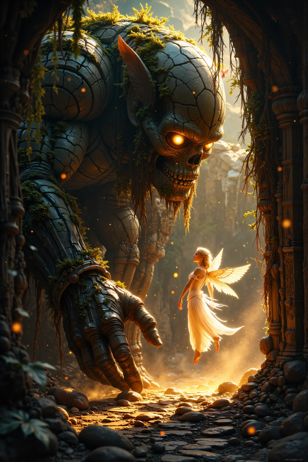 A hyper-realistic portrait, photorealistic photo close-up image of In the heart of an ancient temple, a colossal stone golem with moss-covered limbs stands motionless, his glowing amber eyes staring at the young, ethereal figure before him. The temple is bathed in the golden light of the setting sun, which filters through the cracked, vine-covered walls, casting long shadows that stretch across the floor. The figure, a delicate woman with translucent wings and glowing white skin, hovers just inches above the ground, her light radiating like a beacon in the otherwise shadowy chamber. The air is thick with the scent of ancient incense and the low hum of forgotten chants that seem to resonate from the stone itself. The golem's massive hand is outstretched, his fingers made of rough, ancient rock, yet they hover delicately near the woman as if afraid to touch something so fragile. Her eyes, a soft, radiant gold, meet his gaze, and in that moment, the silence between them is filled with a deep, unspoken understanding. Surrounding them, golden dust particles hang suspended in the air, catching the last rays of sunlight and creating a shimmering, magical aura. The scene is a moment frozen in time, where ancient power and ethereal grace meet in quiet harmony. (photography, high-resolution, dynamic, energetic,hyper-realistic, dramatic lighting, shallow depth of field.), detailmaximizer, MythP0rt<lora:midjourney_whisper_flux_lora_v01:0.55><lora:aidmaMJ6.1-FLUX-V0.1:0.4><lora:FluxMythP0rtr4itStyle:0.4><lora:detailed_flux_ntc:2.2><lora:aidmaImageUpgrader-FLUX-V0.1:0.65>