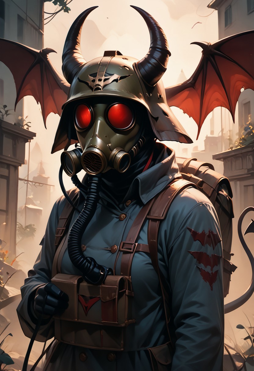 score_9, score_8_up, score_7_up, score_6_up, 1girl, dkok, mask, eyeless, demonify, horns, goat horns, wings, demon wings, tail, devil tail, gas mask,