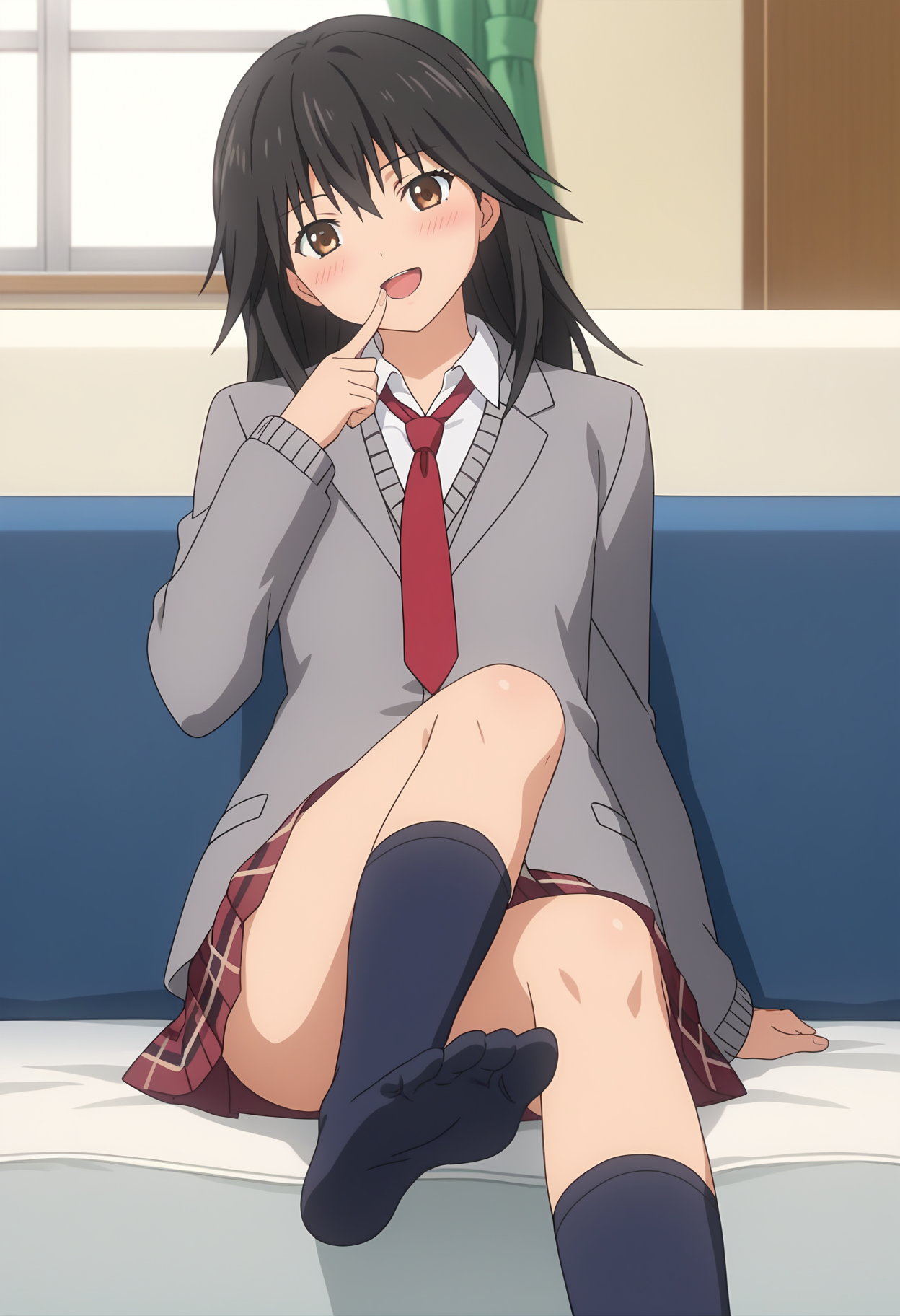 score_9, score_8_up, score_7_up, source_anime, 
BREAK
1girl, solo, anime screencap, anime coloring, 
<lora:shiMisakiV1:0.8> msblazeron, black hair, brown eyes, long hair, 
grey jacket, white shirt, school uniform, red necktie, long sleeves,  grey cardigan, 
blazer, pleated skirt, plaid skirt, black socks, soles,  
looking at viewer, smile, blush, head tilt, finger to mouth, open mouth,