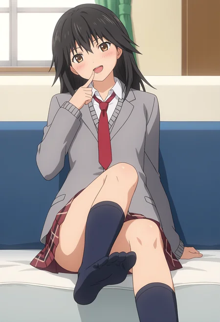 score_9, score_8_up, score_7_up, source_anime,
BREAK
1girl, solo, anime screencap, anime coloring,
<lora:shiMisakiV1:0.8> msblazeron, black hair, brown eyes, long hair,
grey jacket, white shirt, school uniform, red necktie, long sleeves, grey cardigan,
blazer, pleated skirt, plaid skirt, black socks, soles,
looking at viewer, smile, blush, head tilt, finger to mouth, open mouth,
