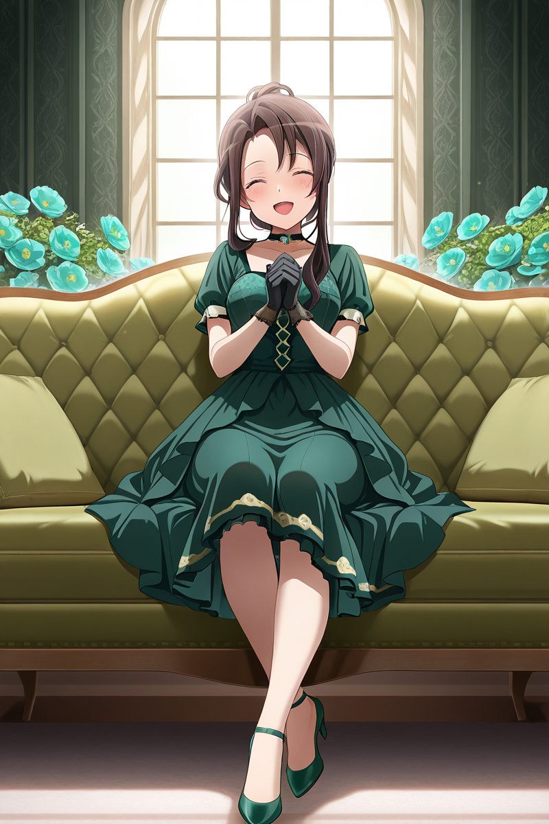 masterpiece, best quality, amazing quality,
 <lora:Rui_IL:1> rui, 1girl, solo, gloves, dress, closed eyes, green dress, high heels, green footwear, couch, sitting, smile, open mouth, indoors, flower, choker, brown hair, full body, own hands together, blush, black gloves, window