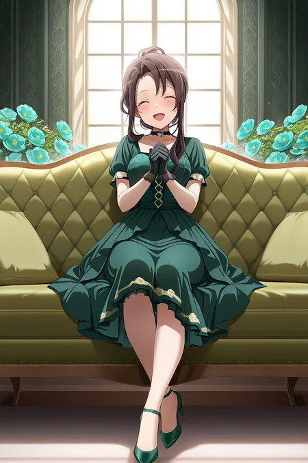 masterpiece, best quality, amazing quality,
 <lora:Rui_IL:1> rui, 1girl, solo, gloves, dress, closed eyes, green dress, high heels, green footwear, couch, sitting, smile, open mouth, indoors, flower, choker, brown hair, full body, own hands together, blush, black gloves, window