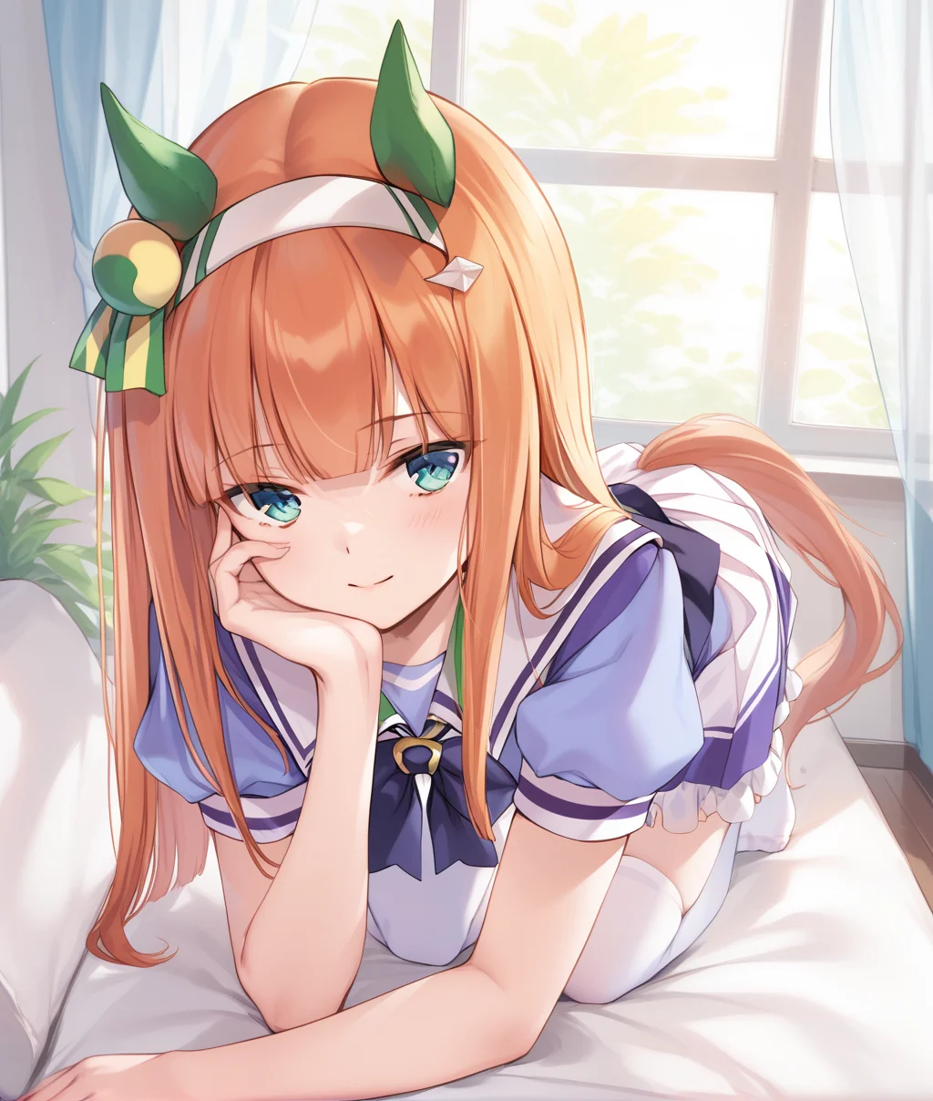 score_9, score_8_up, score_7_up BREAK
tracen_uniform, 1girl, solo, long hair, looking at viewer, blush, smile, bangs, skirt, shirt, hair ornament, thighhighs, bow, animal ears, closed mouth, school uniform, green eyes, tail, short sleeves, pleated skirt, hairband, serafuku, puffy sleeves, indoors, miniskirt, blunt bangs, bowtie, sailor collar, orange hair, white thighhighs, puffy short sleeves, zettai ryouiki, window, no shoes, white skirt, horse ears, frilled skirt, curtains, all fours, horse girl, horse tail, white hairband, purple shirt, sailor shirt, tracen school uniform, summer uniform, ear covers,
<lora:silence_suzuka-ponyXL:1>,