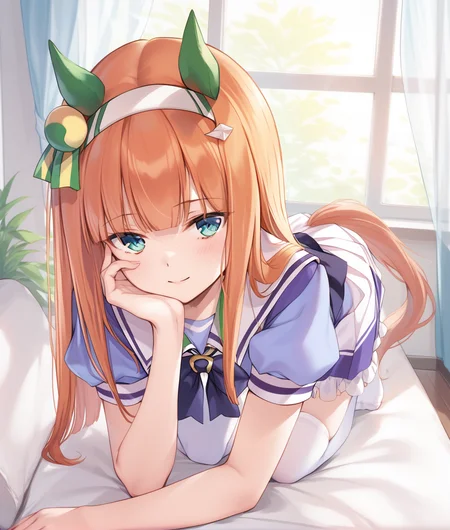 score_9, score_8_up, score_7_up BREAK
tracen_uniform, 1girl, solo, long hair, looking at viewer, blush, smile, bangs, skirt, shirt, hair ornament, thighhighs, bow, animal ears, closed mouth, school uniform, green eyes, tail, short sleeves, pleated skirt, hairband, serafuku, puffy sleeves, indoors, miniskirt, blunt bangs, bowtie, sailor collar, orange hair, white thighhighs, puffy short sleeves, zettai ryouiki, window, no shoes, white skirt, horse ears, frilled skirt, curtains, all fours, horse girl, horse tail, white hairband, purple shirt, sailor shirt, tracen school uniform, summer uniform, ear covers,
<lora:silence_suzuka-ponyXL:1>,