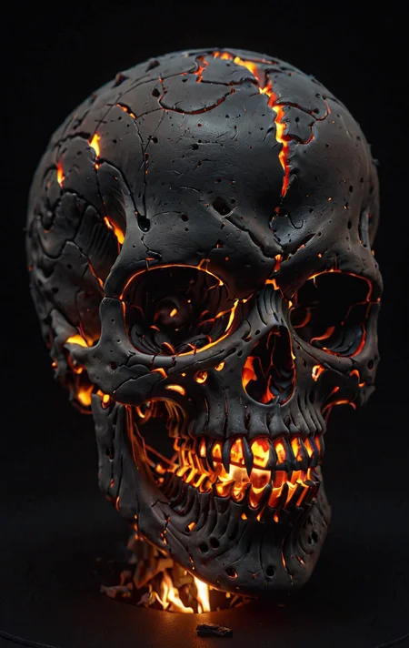 score_9, score_8_up, SKULL with fire like illumination inside, dark matte background, dark room, reflection, subsurface scattering, intricate detail, overalldetail uhd 32k, minimalistic
