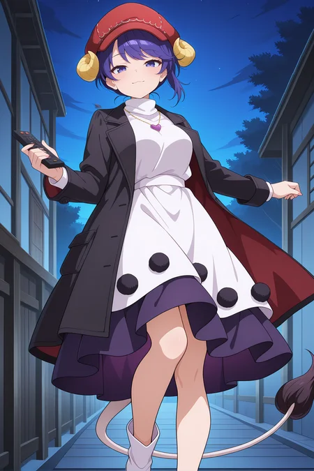 absurdres, highres, masterpiece, best quality, amazing quality, official anime artwork, screencap, anime screencap, outdoors, looking at viewer, light smile, dynamic pose, night, 
 <lora:Doremy-Sweet_Illustrious:1> doremy sweet, 1girl, solo, purple eyes, purple hair, short hair, tapir tail,, doremy sweet \(kaiju of dreams and mysteries\), adapted costume, asymmetrical hair, sheep horns, yellow horns, black coat, cabbie hat, red hat, doreking, heart necklace, purple jewelry, open coat, white dress, purple skirt, turtleneck,  remote control,  white footwear, :3,