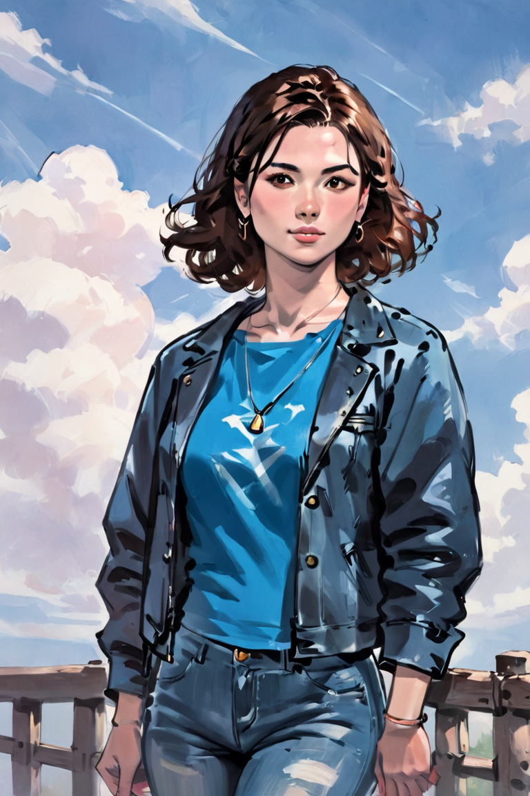 score_9, score_8_up, score_7_up, score_6_up, score_5_up, score_4_up, rating_safe, 1girl, solo, denim, brown hair, jacket, shirt, outdoors, pants, looking at viewer, jeans, lips, realistic, cloud, jewelry, blue shirt, medium hair, long sleeves, cloudy sky, brown eyes, sky, open clothes <lora:Ink Style LoRA XL:1>
