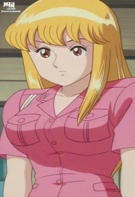 masterpiece, best quality, , anime screencap, anime coloring, official style,uncensored,1girl, solo, (kochikame, akimoto reiko, huge breasts, blonde hair, pink suit),
