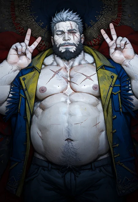 motherland_chronicles, tkstyle, tktrad, score_9, score_8_up, score_7_up, 1boy, solo, open hoodie, musclegut, belly, beard, one eye closed, peace sign, pov, scar on face, best quality, masterpiece, amazing quality, best aesthetic, absurdres, <lora:tkstyle_pony-9-000023:1.5>