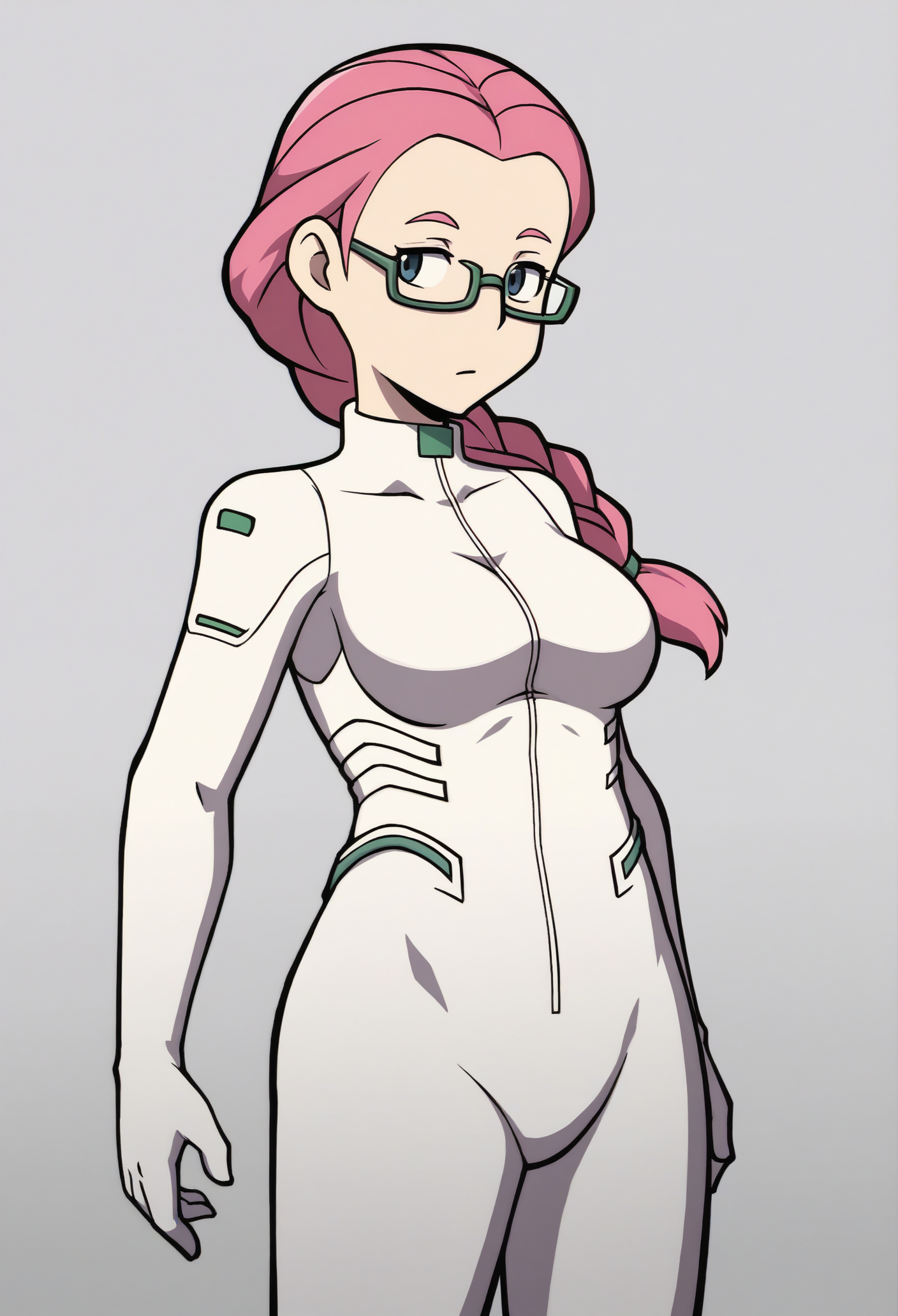 1girl, solo, pink hair, braided ponytail, white bodysuit, glasses, cowboy shot, white background, 
<lora:deponia-guy90-Pony-LoraV101:1>, ainped