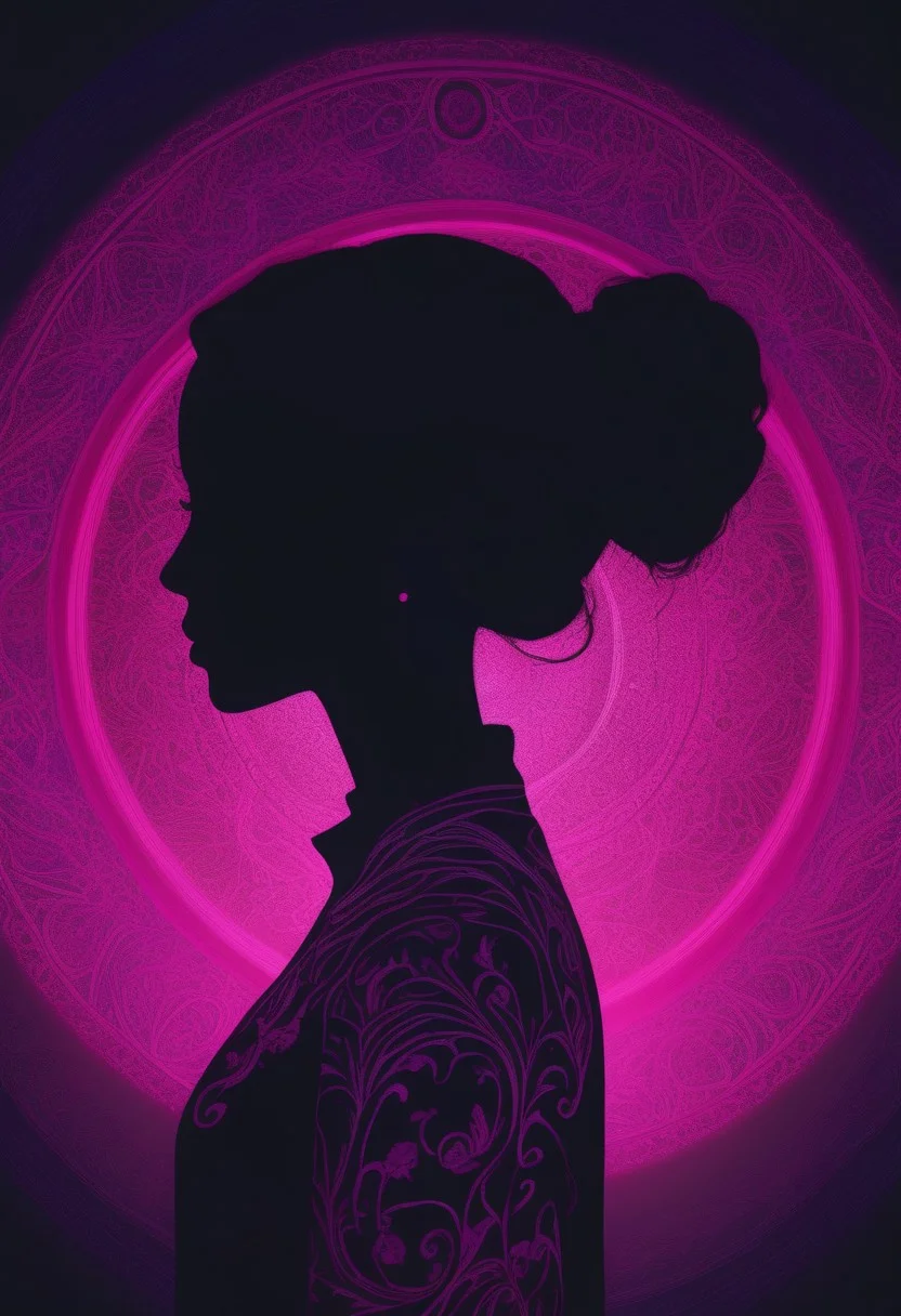 A very detailed dark photo, one woman(silhouette:1.25), dark background, (blacklight illumination:1.1), (dark energy:1.2), vibrant magenta hues, (portal to another world:1.1), extremely detailed, intricate design, (limited palette:1.1), predominant pink tones,