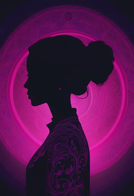 A very detailed dark photo, one woman(silhouette:1.25), dark background, (blacklight illumination:1.1), (dark energy:1.2), vibrant magenta hues, (portal to another world:1.1), extremely detailed, intricate design, (limited palette:1.1), predominant pink tones,