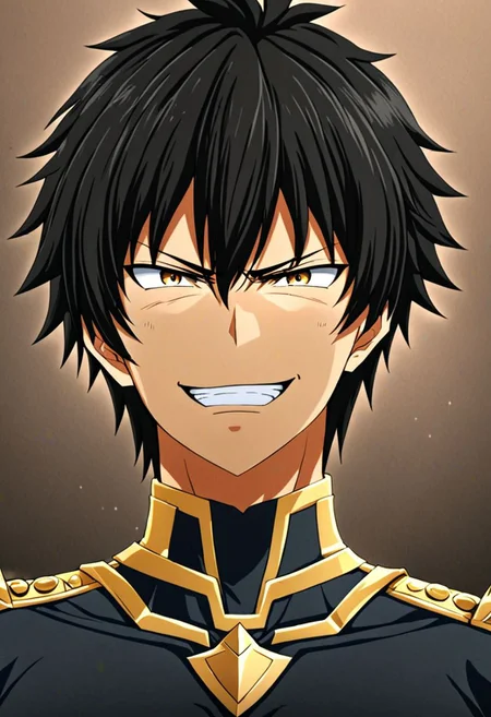high resolution, solo, best quality, 1Boy, Seiya Kanie, black hair, short hair, portraits, looking at viewer, angry, smile, OverallDetail