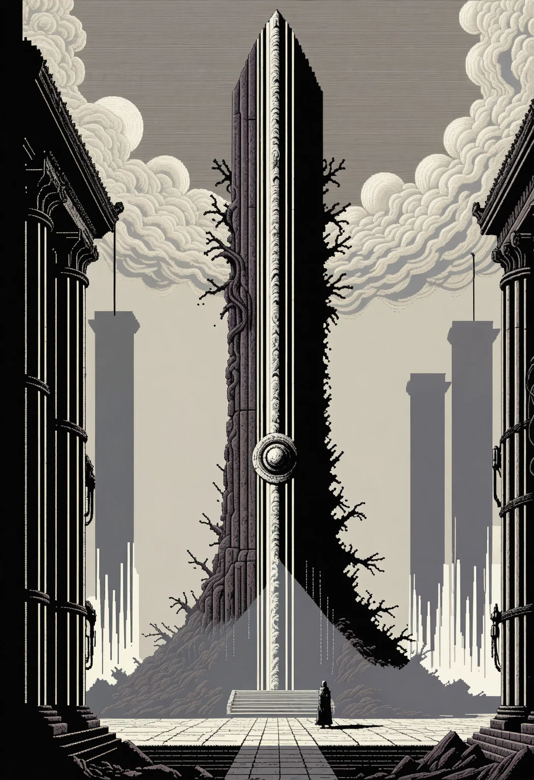 An 8-bit retro pixel-art work featuring a post-apocalyptical remnant of a monolithic obelisk in the focus of attention. The odd structure is made from weathered machine parts, that seems to be functional, with its mechanical pistons moving, while exhausting heavy plumes of dark smoke. Inside of a derelict mausoleum of unknown origins with intricate pillars circling the monolith. The scene is draped in a volumetric mist, giving off a subtle, foreboding glow, adding to the enigmatic ambience. Overwhelming dread is permeating the air. The pixel-art work's style is low-res, grid-based and pixelated, using dithering techniques as well as pixel perfect design. The color scheme is characterized by limited tones contrasting starkly against each other. <lora:dmd2_sdxl_4step_lora> <lora:xl_AnimeSythenticV1.1>