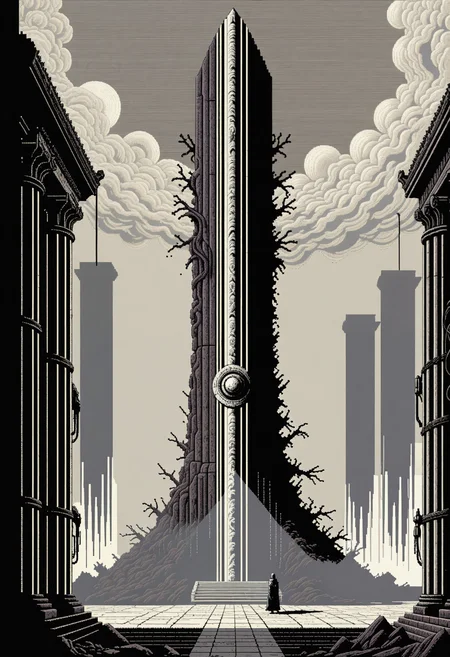 An 8-bit retro pixel-art work featuring a post-apocalyptical remnant of a monolithic obelisk in the focus of attention. The odd structure is made from weathered machine parts, that seems to be functional, with its mechanical pistons moving, while exhausting heavy plumes of dark smoke. Inside of a derelict mausoleum of unknown origins with intricate pillars circling the monolith. The scene is draped in a volumetric mist, giving off a subtle, foreboding glow, adding to the enigmatic ambience. Overwhelming dread is permeating the air. The pixel-art work's style is low-res, grid-based and pixelated, using dithering techniques as well as pixel perfect design. The color scheme is characterized by limited tones contrasting starkly against each other. <lora:dmd2_sdxl_4step_lora> <lora:xl_AnimeSythenticV1.1>