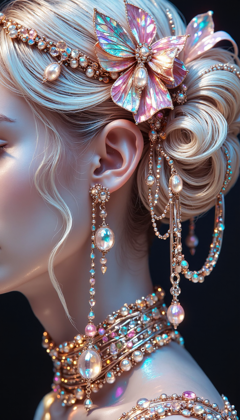 Bioluminescent,evangsurreal,surrealism,glitter, An extreme close-up shot emphasizing the texture and detail of an ear adorned with elaborate, hyperrealistic jewelry. The image showcases a monochromatic palette, primarily in shades of white and silver, juxtaposed against soft pastel pink accents in the ribbons and gemstones. The jewelry, a bricolage of chains, bows, and a "Justine Clenquet" branded barrette, hangs delicately, casting subtle shadows on the pristine, almost porcelain-like skin. The focal point is the interplay of light reflecting off the metallic surfaces and gemstones, creating a sense of opulence and fragility. The background should be a stark, velvety black to further highlight the subject. Absence of external light sources suggests a controlled studio environment.  To enhance the image, add a single tear, resembling a glistening pearl, tracing a path down the earlobe, hinting at a hidden narrative.