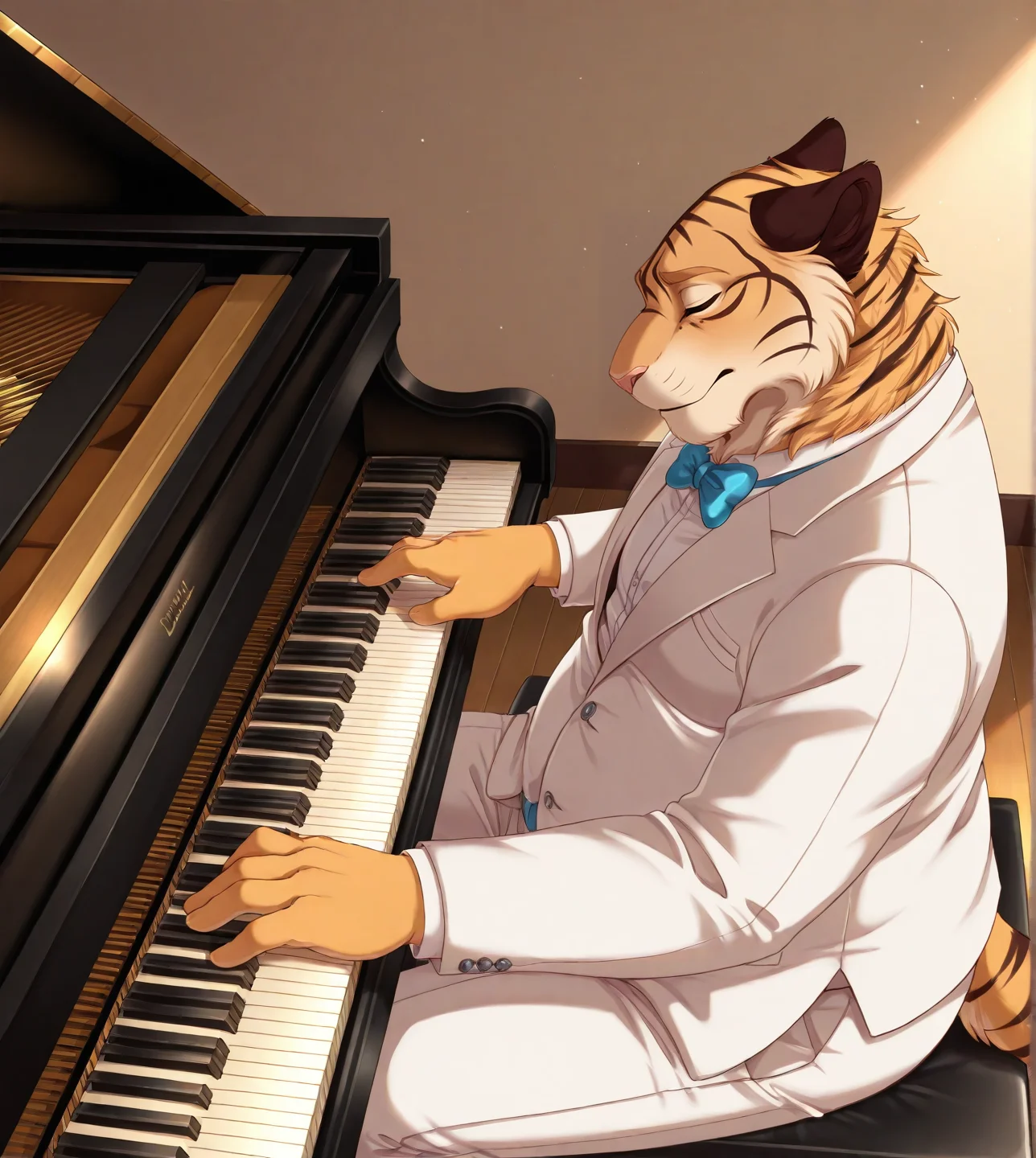 (solo), anthro, furry, male, male focus, solo, junTA, chubby, suit, bowtie, white suit, piano, sitting, playing piano, side view, closed eyes, high angle view,
BREAK masterpiece, best quality, amazing quality, very aesthetic, high resolution, ultra-detailed, absurd res, newest, scenery, <lora:JunTA:0.8>