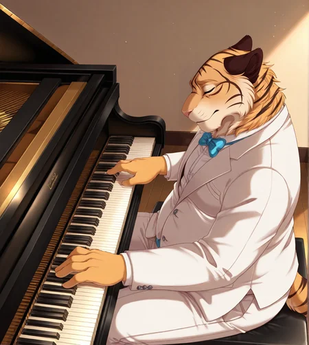 (solo), anthro, furry, male, male focus, solo, junTA, chubby, suit, bowtie, white suit, piano, sitting, playing piano, side view, closed eyes, high angle view, 
BREAK masterpiece, best quality, amazing quality, very aesthetic, high resolution, ultra-detailed, absurd res, newest, scenery, <lora:JunTA:0.8>
