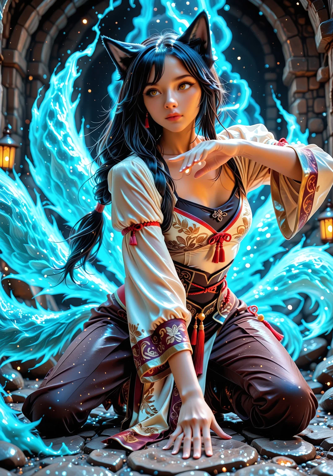 Semi real, ahri ,beautiful face, perfect hands,cute , seethru clothes,sheer fabrics, inside a lava dungeon, battle stance, blue aura in her hands