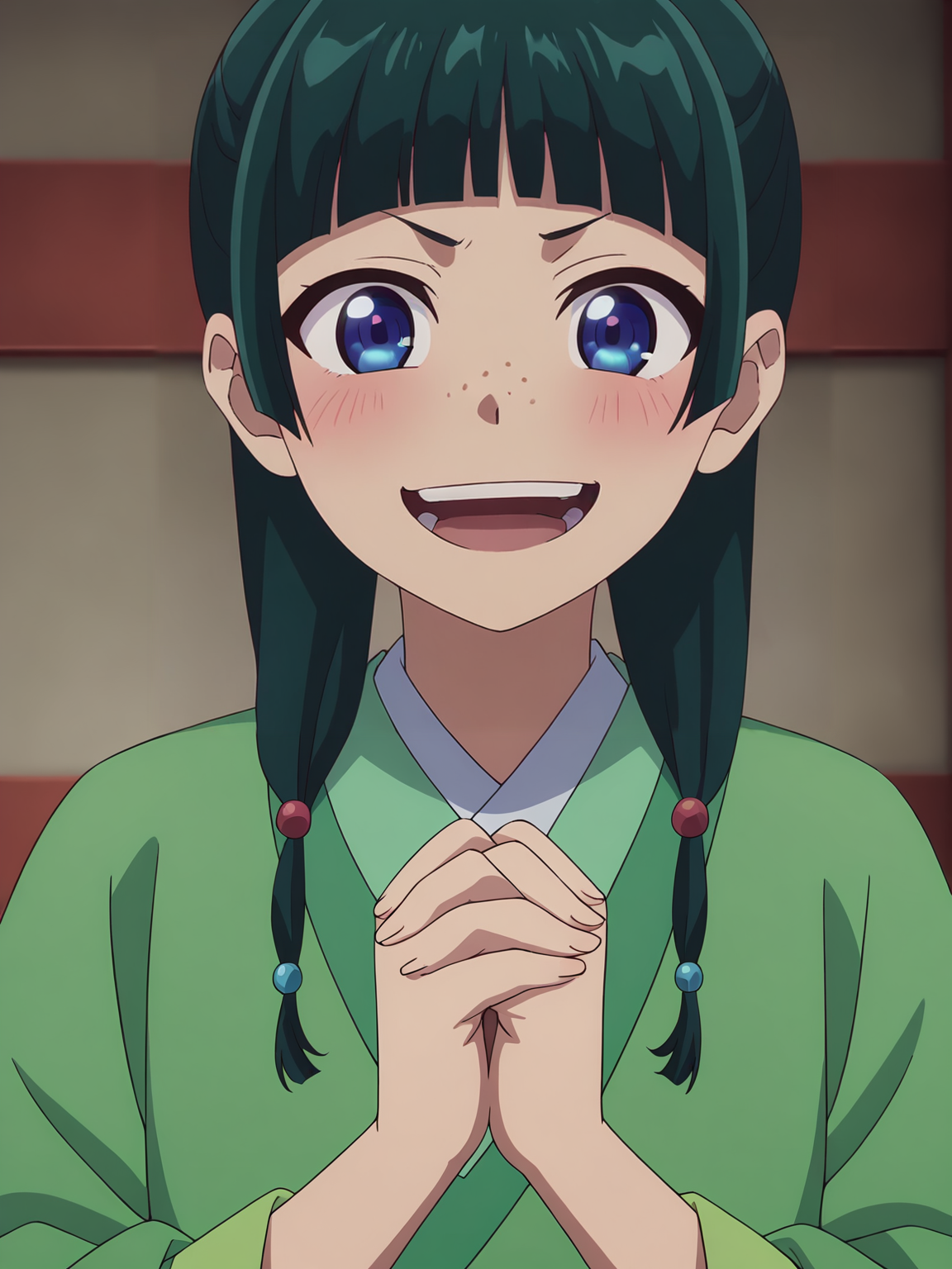 <lora:Maomao_Character:0.8>maomao, 1girl, solo, blue eyes, freckles, dark green hair, twin braids, blunt bangs, hair tie, green kimono, standing, hands clasped, proud smile, confident, blush, mouth open, teeth, glee, standing, close-up, looking at viewer, indoors