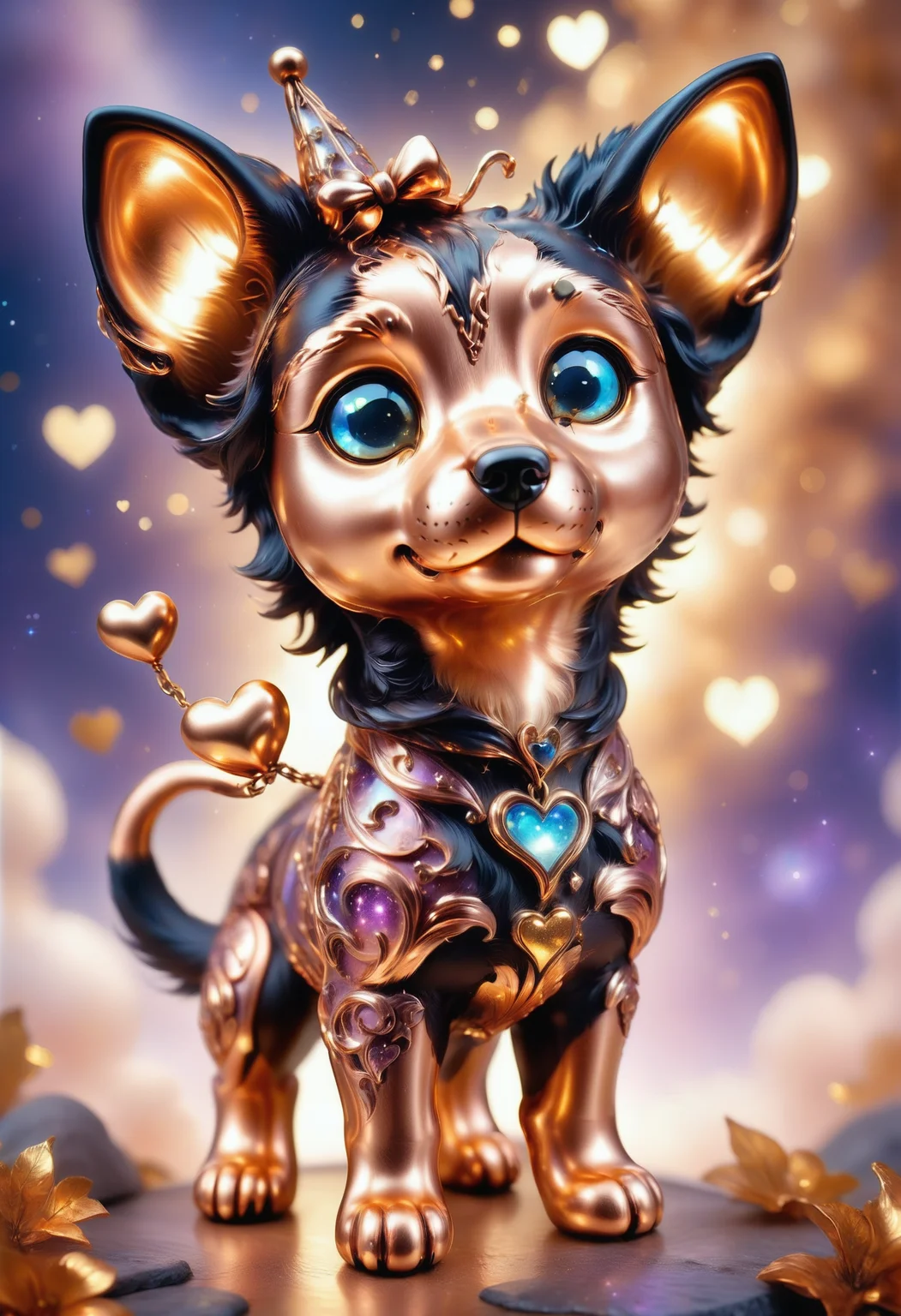 a cute zhibi puppy <lora:zhibi:0.8> made out of Jed-ANC <lora:ArtNouveauCopperStyle:0.9>, cuteness overload, surrounded by stardust and floating hearts <lora:heartmiststyle:0.5> in a starLS fantasy landscape <lora:stardustlandscapes-000006:0.7>, sunset, shallow depth of field, goblincore, lovable, lush, rich deep colors, glossy, shiny, extremely stylish, radiant
