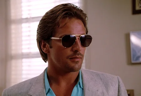 MiamiVice, Sonny Crockett, man, shades, closeup, office, back light, indoors, highly detailed, 4K, ((stylish grainy analog 35mm photo))
