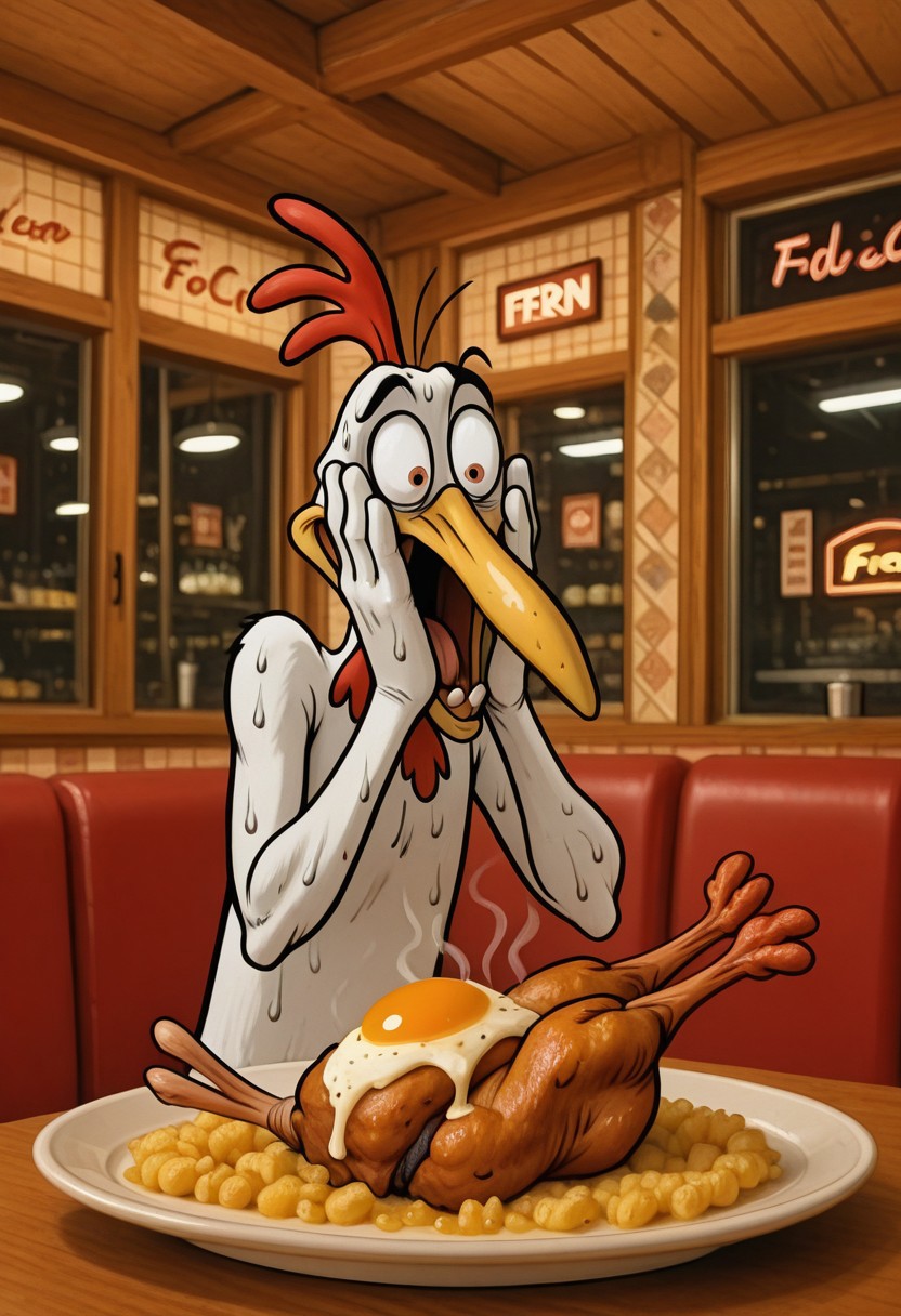 IllusP0s,  amazed, 1boy, ch1ken, pokemon creature, solo, delicious food, hands on own face, heavy sweating, horified, alarmed food focus, detailed roast chicken leg on plate, f3rn4nd0, western comic \(style\), restaurant background, detailed background, no humans