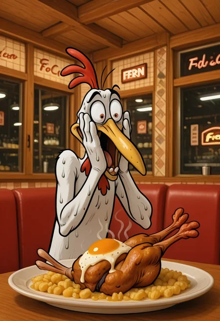 IllusP0s,  amazed, 1boy, ch1ken, pokemon creature, solo, delicious food, hands on own face, heavy sweating, horified, alarmed food focus, detailed roast chicken leg on plate, f3rn4nd0, western comic \(style\), restaurant background, detailed background, no humans