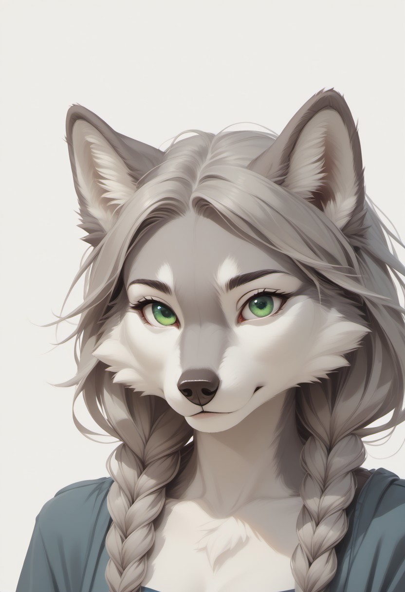 score_9, score_8_up, score_7_up, score_6_up, female Anthro, White Cheeks, gray fur, green eyes, beautiful eyes, wolf tail, Gray Hair, Gray Twinbraids, adult female, eye focus, disambiguation