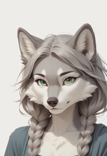 score_9, score_8_up, score_7_up, score_6_up, female Anthro, White Cheeks, gray fur, green eyes, beautiful eyes, wolf tail, Gray Hair, Gray Twinbraids, adult female, eye focus, disambiguation