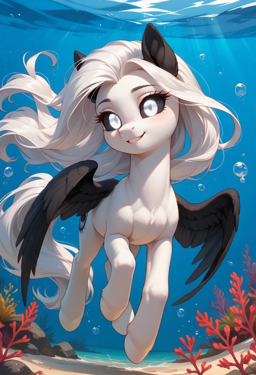 score_9, score_8_up, score_7_up, score_pony,
BREAK
Albina, 1girl, wild pony, pony, white fur, (white long hair:1.2), black sclera, white eye, (glowing white eyes:1.4), (black wings:1.1), (black ears:1.1), cute, walking underwater ocean