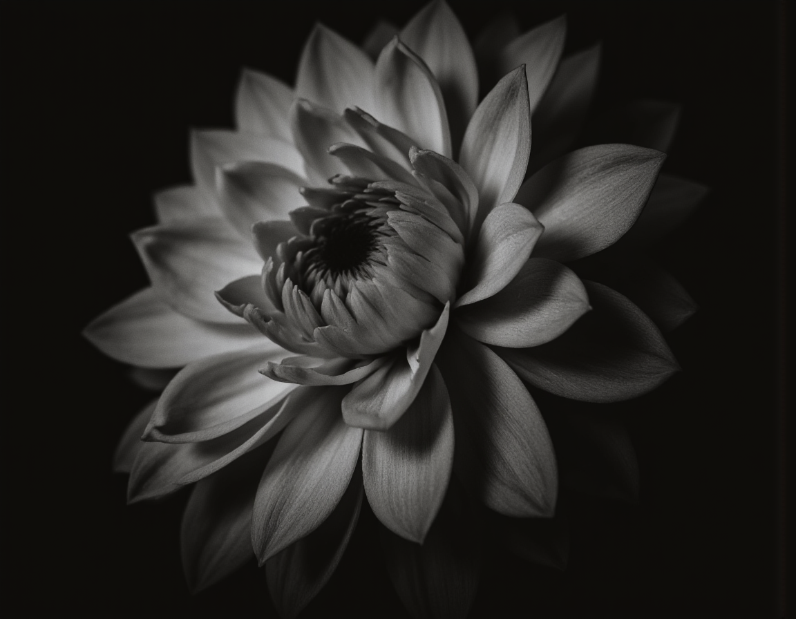 <lora:BWMonochrome:0.85> mono, black and white dahlia, close up, detailed, hyperrealistic, impressionistic, intricate petals, dramatic lighting, soft focus, deep blacks, highlighted details, center of flower highlighted, dark background, isolated, botanical, still life, flower macro . 35mm photograph, film, bokeh, professional, 4k, highly detailed