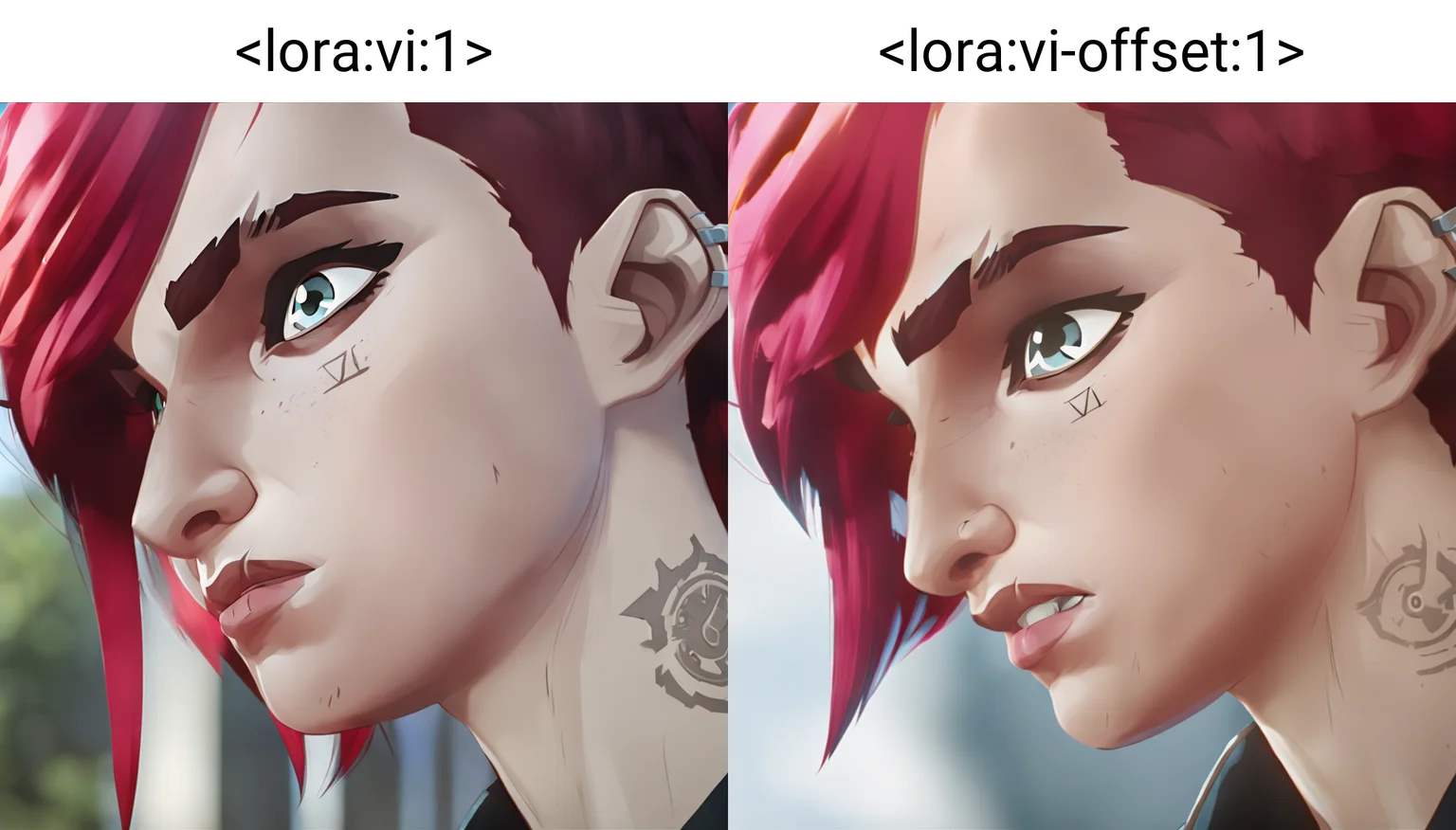 arcane, vi, red hair, light blue eyes, freckles, portrait, vi (league of legends), sunny, from side <lora:vi:1>