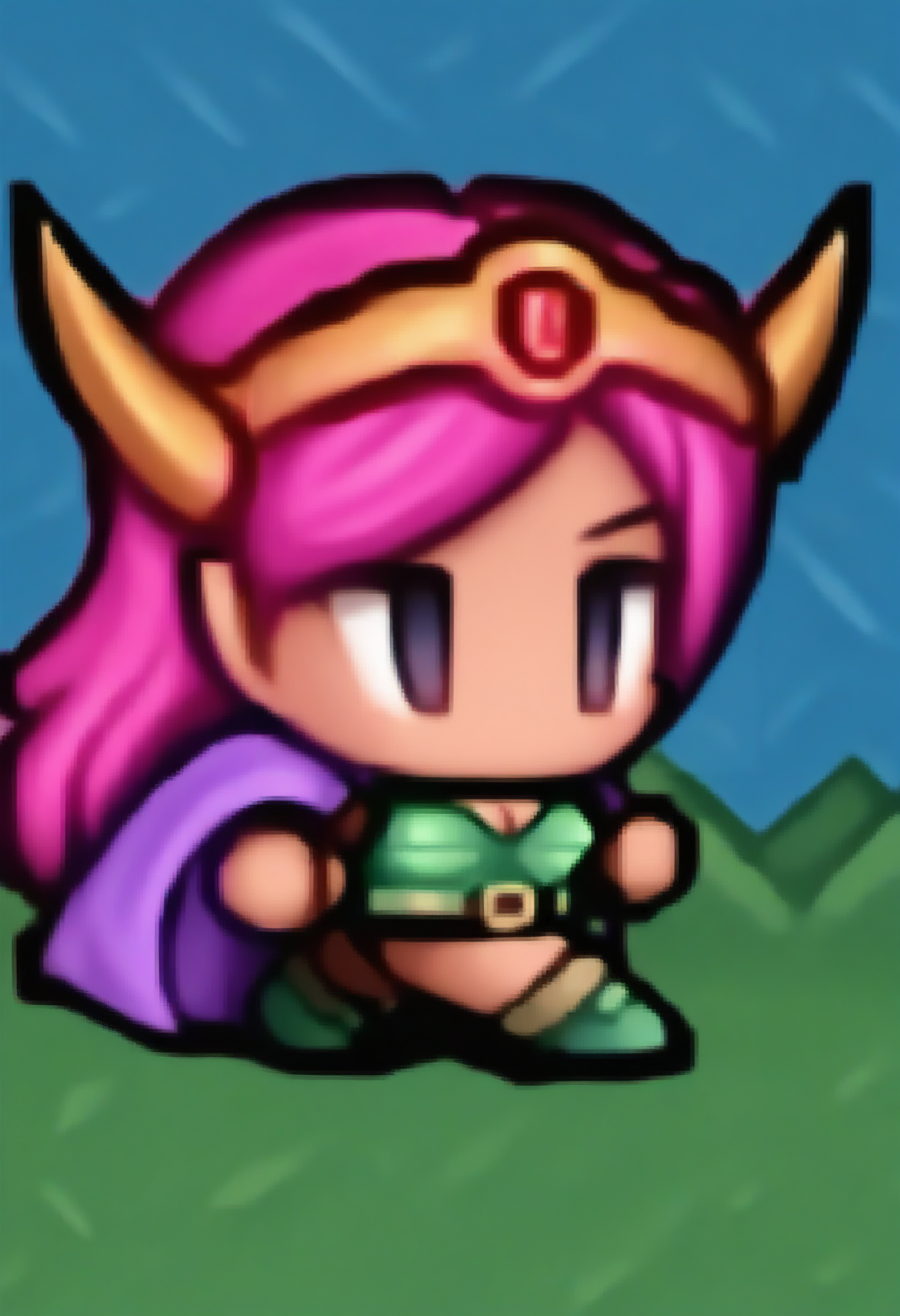 <lora:Female Soldier_IL1.2:0.8>chibi
Female Soldier, ios_style, 1girl, solo, pink long hair, Horned Circlet, pointy ears, | |, no mouth, Red shoulder armor, blue highleg leotard, green boots, belt, orange Wristbands, Green Breastplate, cleavage, Purple Cape
squatting, 
BREAK outdoors, grasses land, day,