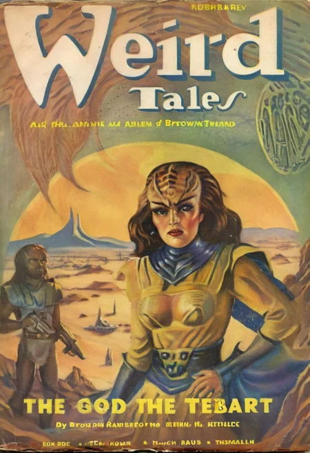 Weird Tales pulp magazine cover,
female kling0n alien, forehead ridges, brown skin, nose ridges, large eyebrows, standing on a desert planet with a retro futuristic city far in the background