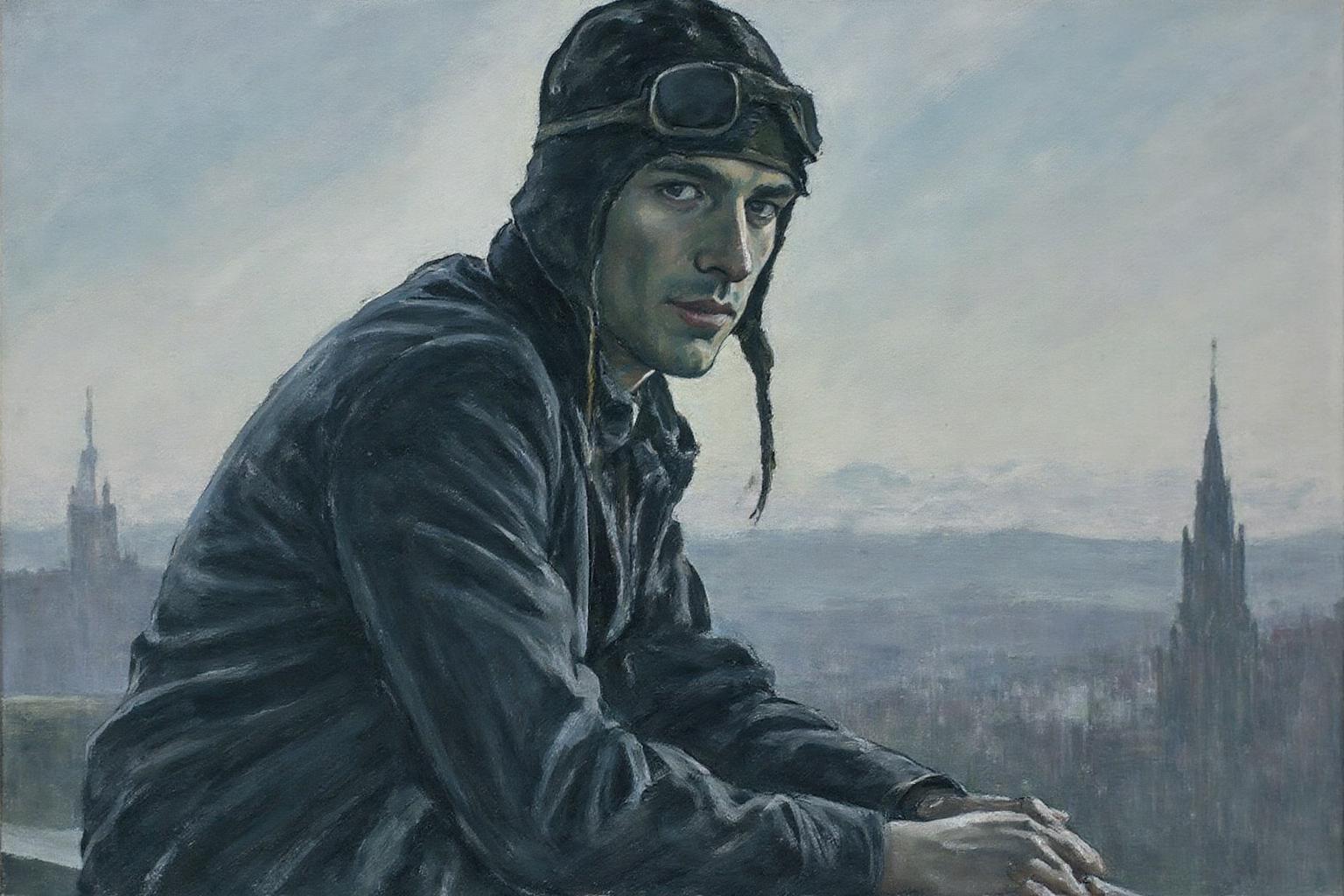 ethelleontinegabain1 painting.
A man, shown in side profile, wearing a dark aviator's cap and a coat, sitting in a contemplative pose. He is turning his head to look at the viewer. The background is an abstract representation of a cityscape with faint outlines of buildings and a hazy sky. <lora:ethelleontinegabain1_cap_d8a4:1.0><lora:862156934810223595:0>
