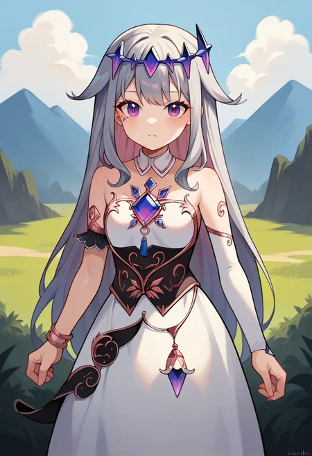 score_9,score_8_up,score_7_up,score_6_up,score_5_up,score_4_up,
1girl, koseki bijou, small breasts, circlet, very long hair, chest jewel, black corset, white dress, strapless dress, white detached collar, facial mark, armlet, black garter, arm garter, white sleeves, single detached sleeve,gem, waistcoat,
solo, cowboy shot, outdoors,
<lora:bijouponyxl26:1>