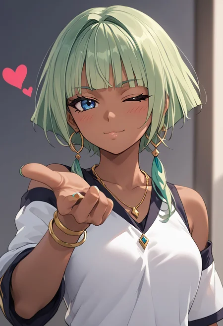 score_4,score_5,score_6,score_7_up,score_8_up,score_9 ((masterpiece,best quality,ultra detailed,highres,HD,4k:1.2))
1 girl,solo,girl forcus,solo forcus,
Stella,dark skin, dark-skinned female,pale green hair, bob haircut, blunt bangs, short hair with long locks,blue eyes,Eyelashes,earrings,hoop,necklace, bracelet, earrings,jewelry, nail polish, toenail polish,
<lora:blowing-kiss-ponyxl-lora-nochekaiser:1>, blowing kiss, pucked lips, heart, one eye closed, o3o, looking at viewer, hand up,Pouting lips,pointing fingertips towards viewer,
blush,shy,smile,Half-closed eyes, squinting, staring,jitome,