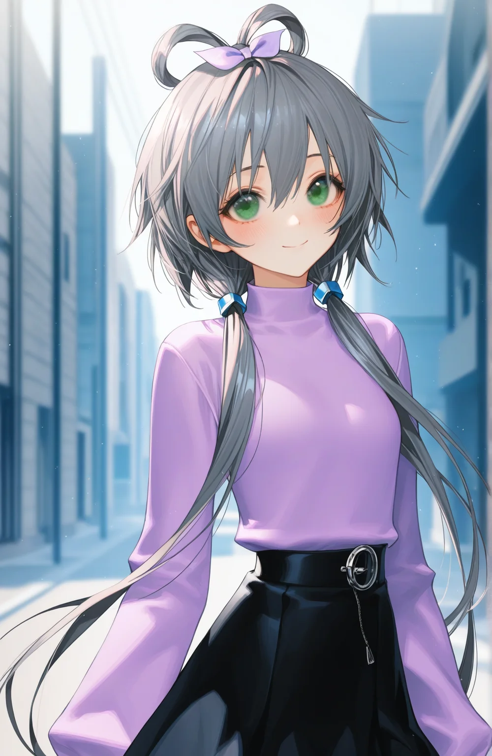 luo tianyi,1girl,masterpiece,high quality,best quality,beautiful,Impossible purple shirt,black miniskirt,upper body,wanke,artist:arutera,cute,smile,blush,street,