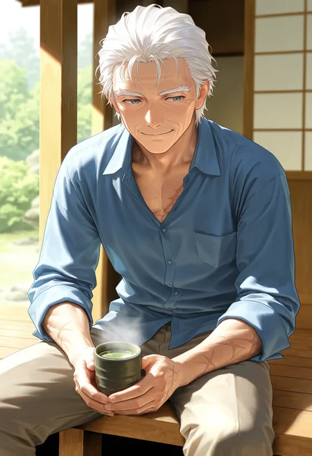 masterpiece,extreme detailed,SmoothNoob_Quality,day,veranda BREAK jagen_(fe),1boy,white hair,blue eyes,(old man:0.9),scar,blue shirt,<lora:jagen_(fe)-IL:1>,<lora:NOOB_vp1_detailer_by_volnovik_v1:1>,sitting,yunomi,green tea,smile,