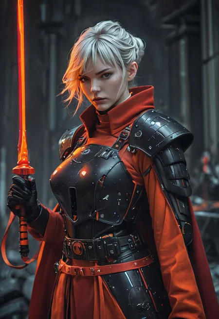 bdsm, collar cyberpunk Samurai jacket, (female, red pink slim skin:1.4), Large linen cape, (nice face, very angry:1.9), (bdsm harness, tight huge massive firm breasts, sexy body:1.75), surrounded by a detailed spacescape with translucent dark-amber Highlights, (red neon, emissive), (yellow particules, hyper-detailed,:1.4) sharp, high resolution, high quality, 32K, Ultra realistic, HD, super detailed, line art, abstract style, (full body, shinny, wavy hair:1.5), (star wars inquisitor:1.8), (circle hard powerful red white orange fire neon light saber:1.7), ( hands on light saber:1.2)